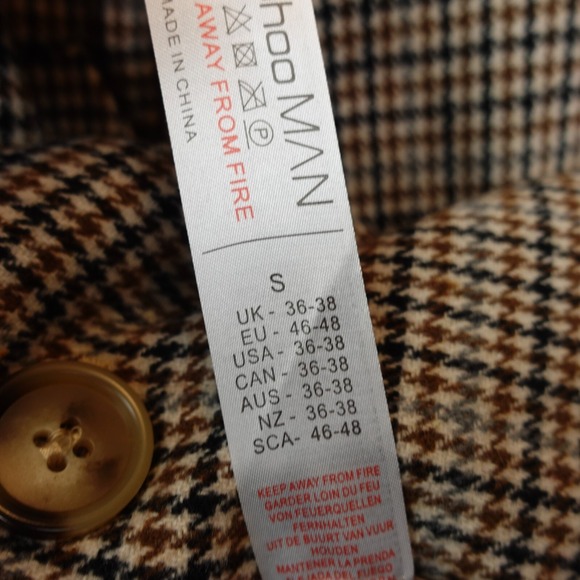 Tweed Houndstooth Car Coat Mens Small Beige Check Corduroy Collared BOOHOO MAN - Picture 13 of 14